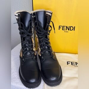 Fendi Black Leather Combat  Boots with Leopard and Fendi Logo knit top size 41